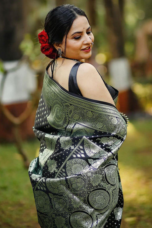 Load image into Gallery viewer, Mesmeric Black Soft Silk Saree With Breathtaking Blouse Piece
