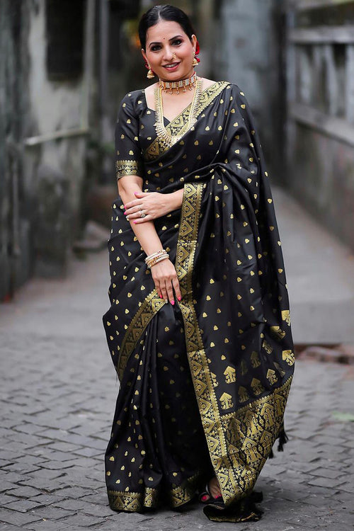 Load image into Gallery viewer, Unique Black Soft Silk Saree With Flaunt Blouse Piece
