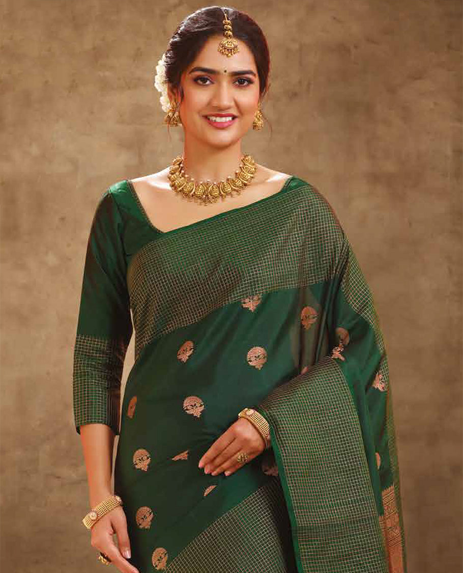 Entrancing Dark Green Soft Silk Saree With Captivating Blouse Piece