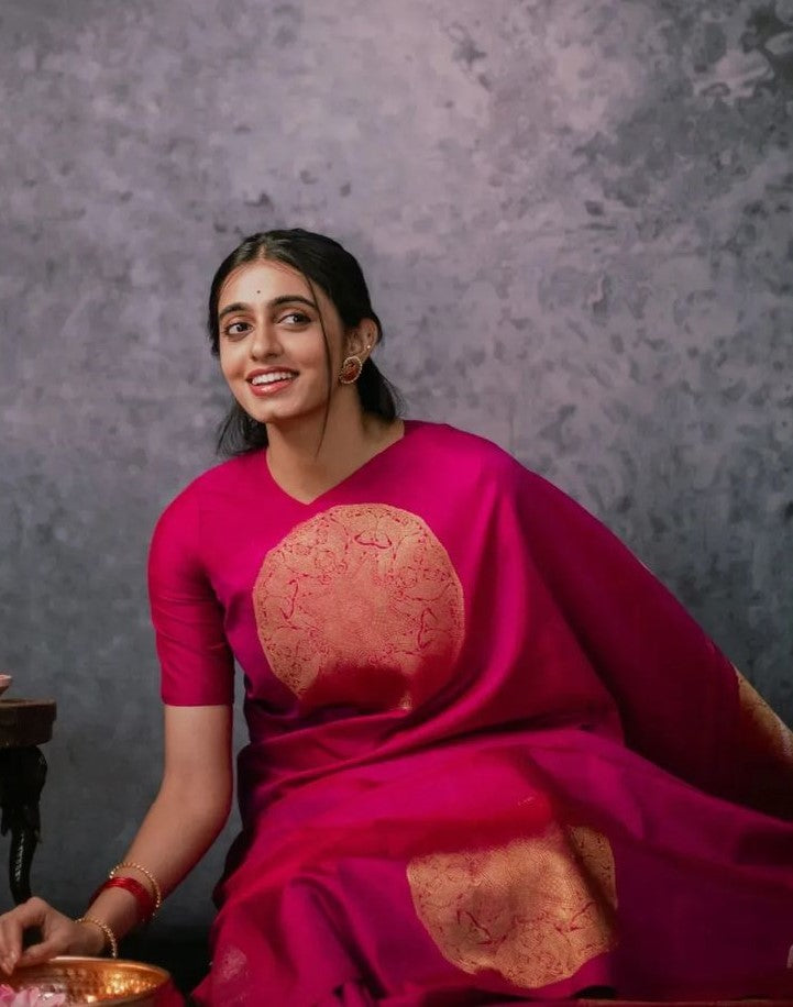 Glowing Dark Pink Soft Silk Saree With Attractive Blouse Piece