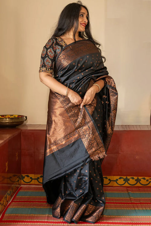 Load image into Gallery viewer, Unique Black Soft Silk Saree With Ideal Blouse Piece
