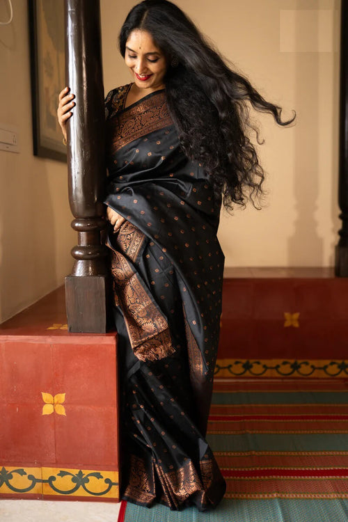 Load image into Gallery viewer, Unique Black Soft Silk Saree With Ideal Blouse Piece
