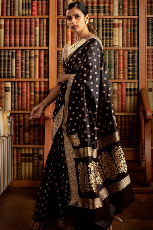 Load image into Gallery viewer, Glowing Black Soft Silk Saree With Admirable Blouse Pieced
