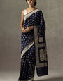 Lissome Navy Blue Soft Silk Saree With Engaging Blouse Pieced