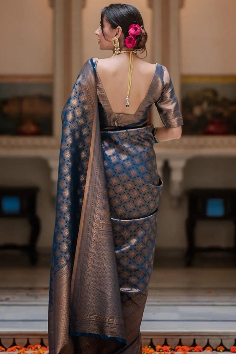 Exquisite Blue Soft Silk Saree With Preferable Blouse Piece