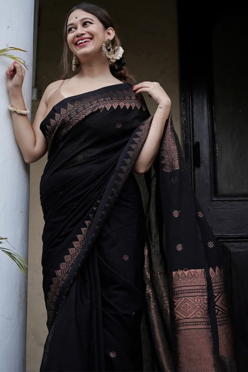 Energetic Black Soft Silk Saree With Delightful Blouse Piece