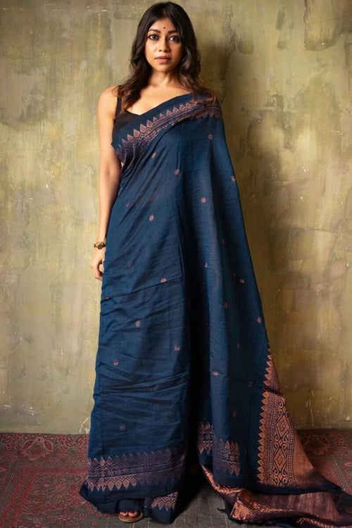 Load image into Gallery viewer, Angelic Navy Blue Soft Silk Saree With Assemblage Blouse Pieced
