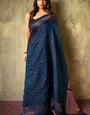 Angelic Navy Blue Soft Silk Saree With Assemblage Blouse Pieced