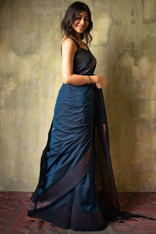 Load image into Gallery viewer, Angelic Navy Blue Soft Silk Saree With Assemblage Blouse Pieced
