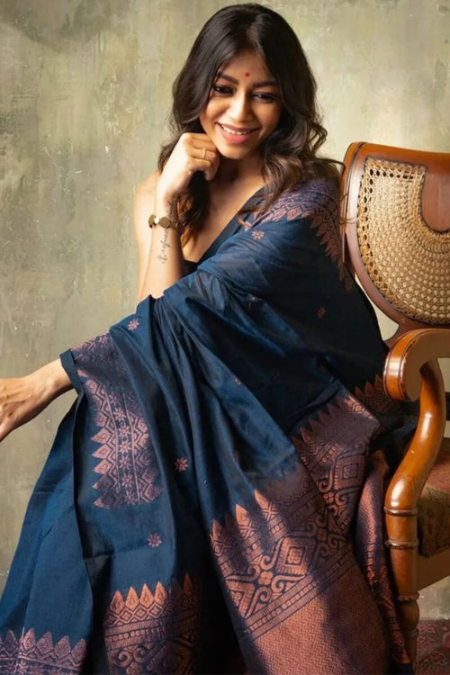 Load image into Gallery viewer, Angelic Navy Blue Soft Silk Saree With Assemblage Blouse Pieced
