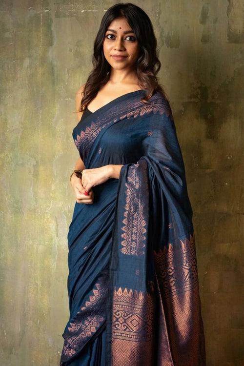 Load image into Gallery viewer, Angelic Navy Blue Soft Silk Saree With Assemblage Blouse Pieced
