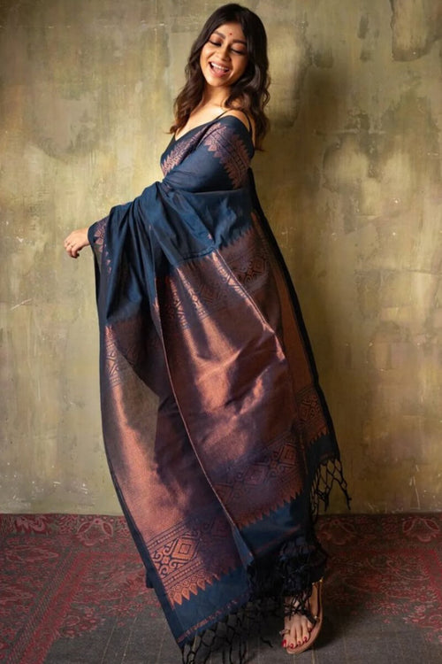 Load image into Gallery viewer, Angelic Navy Blue Soft Silk Saree With Assemblage Blouse Pieced
