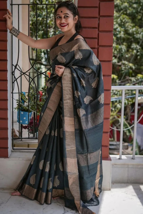 Load image into Gallery viewer, Felicitous Black Linen Silk Saree With Enigmatic Blouse Piece
