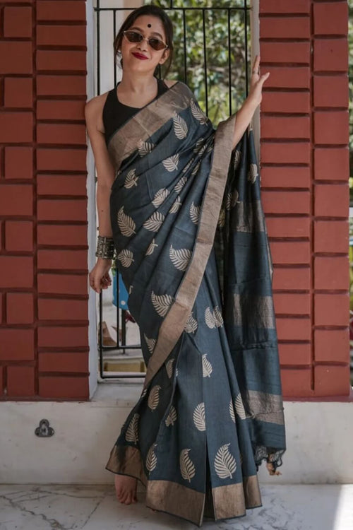 Load image into Gallery viewer, Felicitous Black Linen Silk Saree With Enigmatic Blouse Piece
