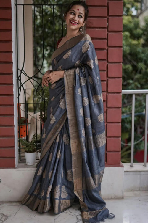 Load image into Gallery viewer, Snappy Grey Linen Silk Saree With Pulsating Blouse Piece
