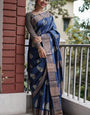 Devastating Navy Blue Linen Silk Saree With Nemesis Blouse Piece