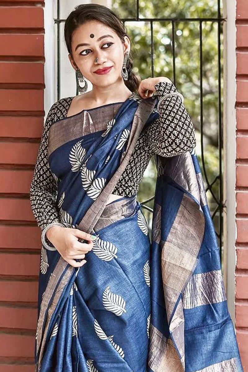 Devastating Navy Blue Linen Silk Saree With Nemesis Blouse Piece