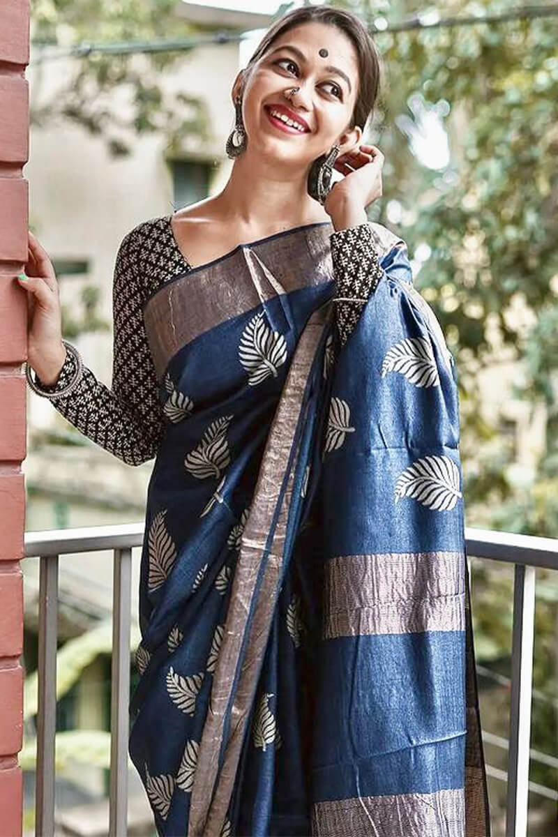 Devastating Navy Blue Linen Silk Saree With Nemesis Blouse Piece