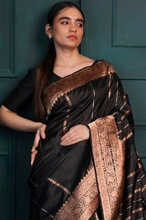 Load image into Gallery viewer, Felicitous Black Soft Silk Saree With Radiant Blouse Piece
