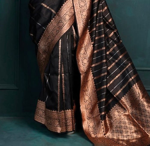 Load image into Gallery viewer, Felicitous Black Soft Silk Saree With Radiant Blouse Piece
