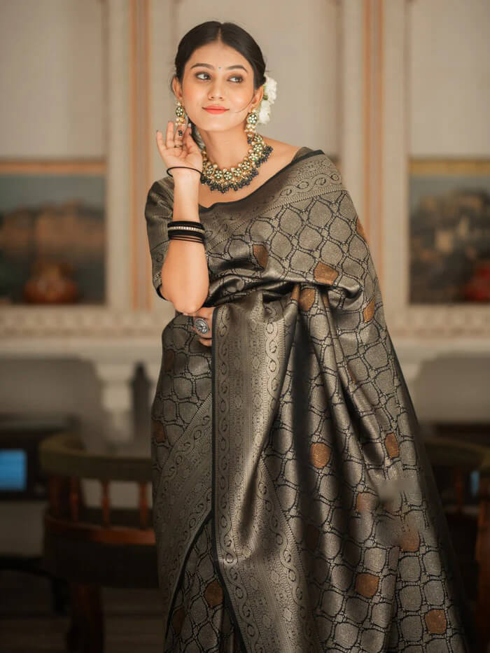 Sumptuous Black Soft Silk Saree With Imbrication Blouse Piece