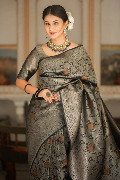 Load image into Gallery viewer, Sumptuous Black Soft Silk Saree With Imbrication Blouse Piece
