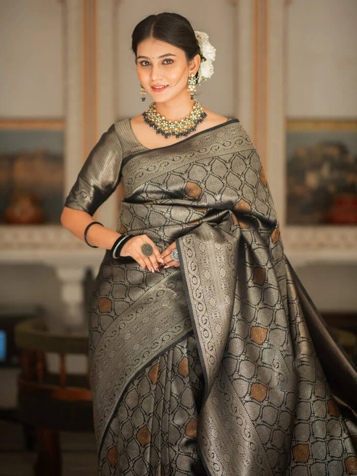 Sumptuous Black Soft Silk Saree With Imbrication Blouse Piece