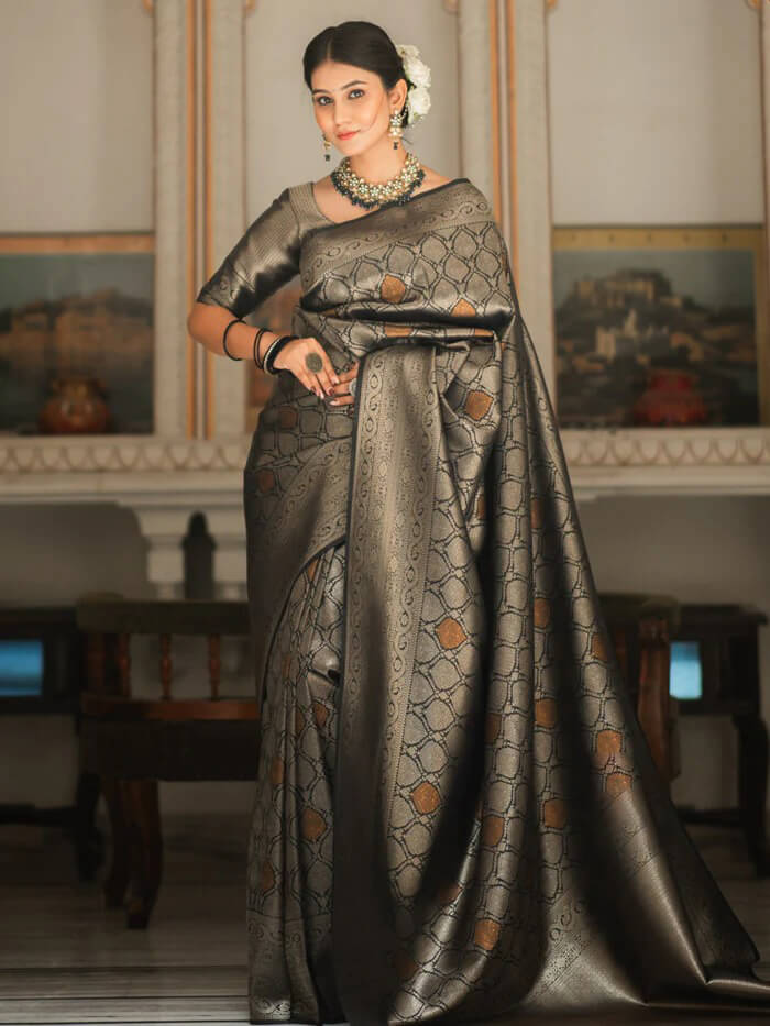 Sumptuous Black Soft Silk Saree With Imbrication Blouse Piece