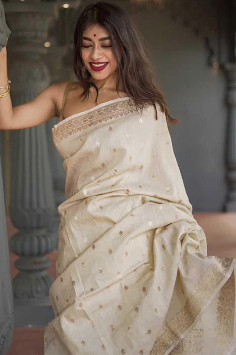 Stunning Beige Linen Silk Saree With Lovely Blouse Piece