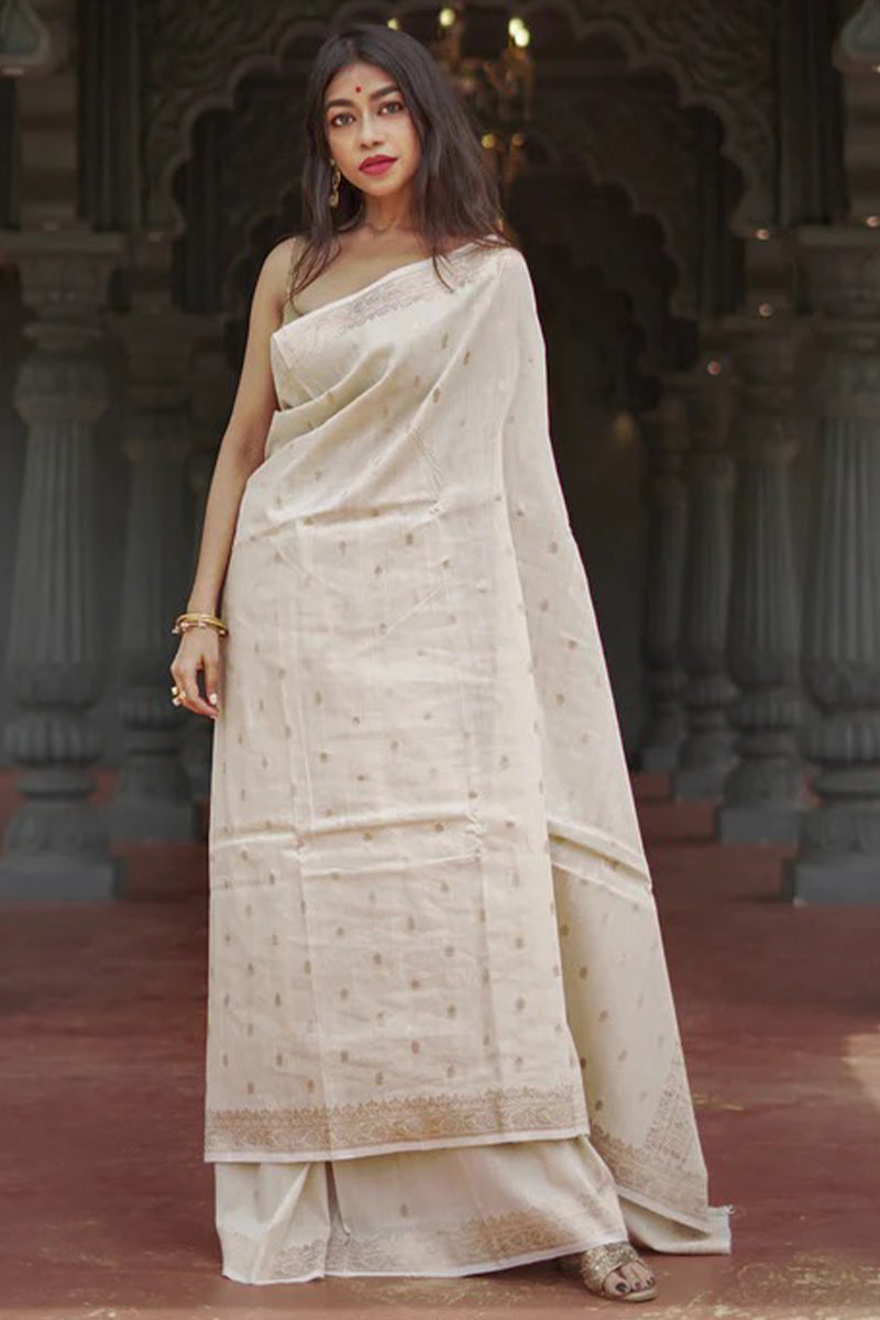 Stunning Beige Linen Silk Saree With Lovely Blouse Piece