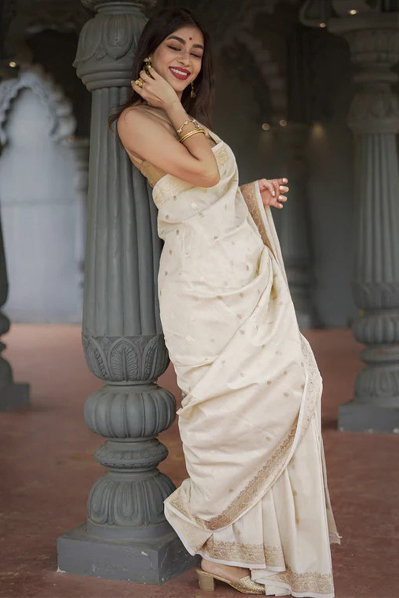 Stunning Beige Linen Silk Saree With Lovely Blouse Piece