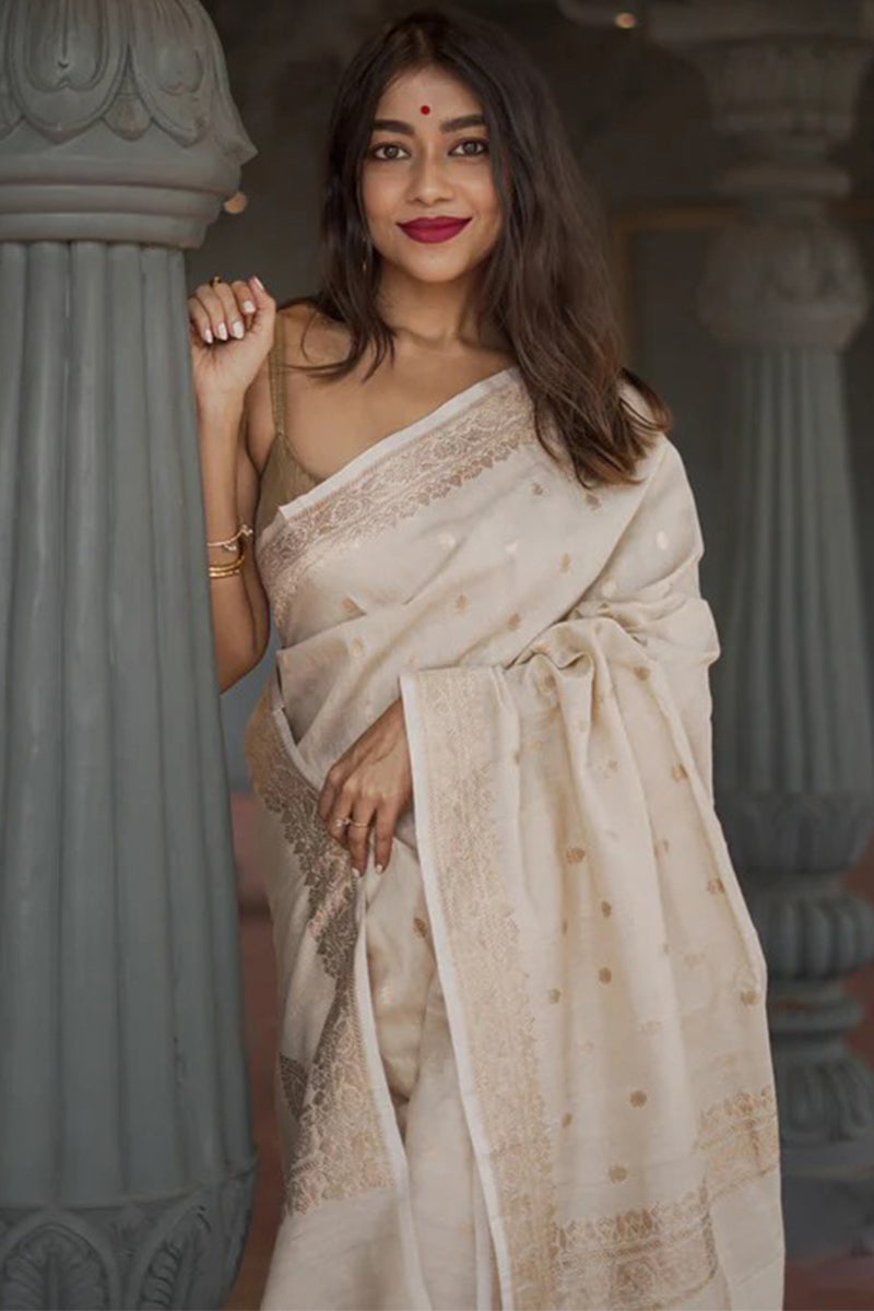 Stunning Beige Linen Silk Saree With Lovely Blouse Piece