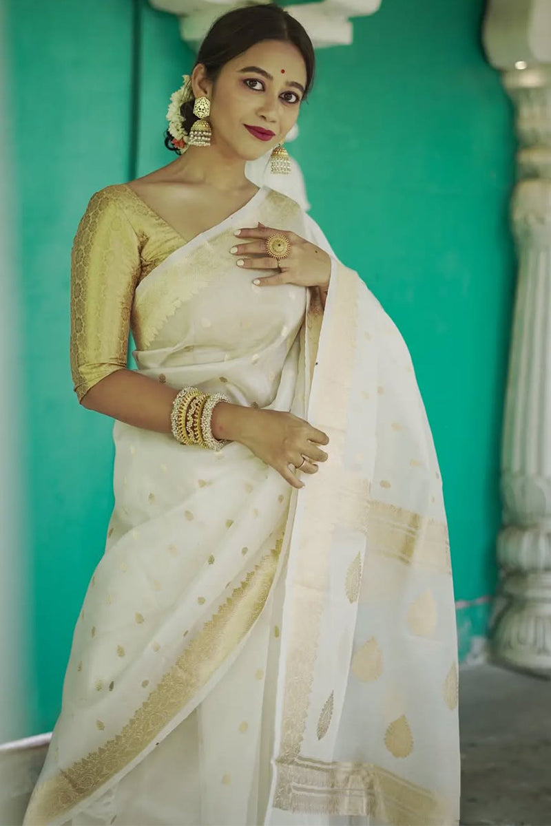 Smart Off White  Linen Silk Saree With Hypnotic Blouse Piece