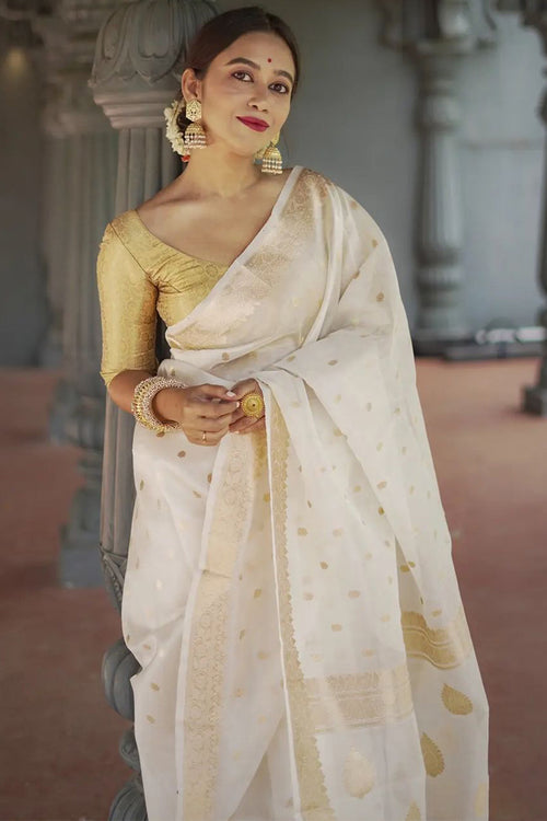 Load image into Gallery viewer, Smart Off White  Linen Silk Saree With Hypnotic Blouse Piece
