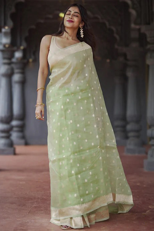 Load image into Gallery viewer, Delightful Pista Linen Silk Saree With Fairytale Blouse Piece
