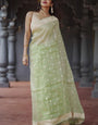 Delightful Pista Linen Silk Saree With Fairytale Blouse Piece