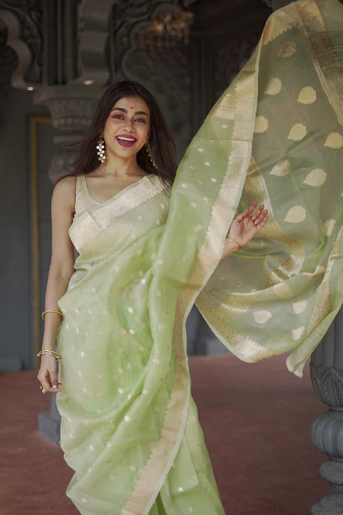 Load image into Gallery viewer, Delightful Pista Linen Silk Saree With Fairytale Blouse Piece
