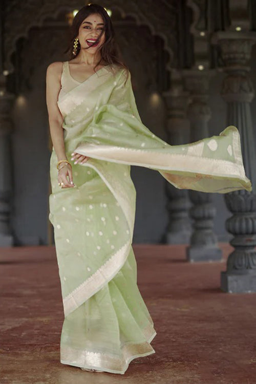 Load image into Gallery viewer, Delightful Pista Linen Silk Saree With Fairytale Blouse Piece
