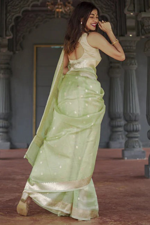 Load image into Gallery viewer, Delightful Pista Linen Silk Saree With Fairytale Blouse Piece
