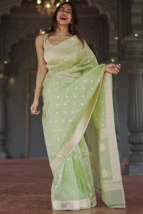 Load image into Gallery viewer, Delightful Pista Linen Silk Saree With Fairytale Blouse Piece
