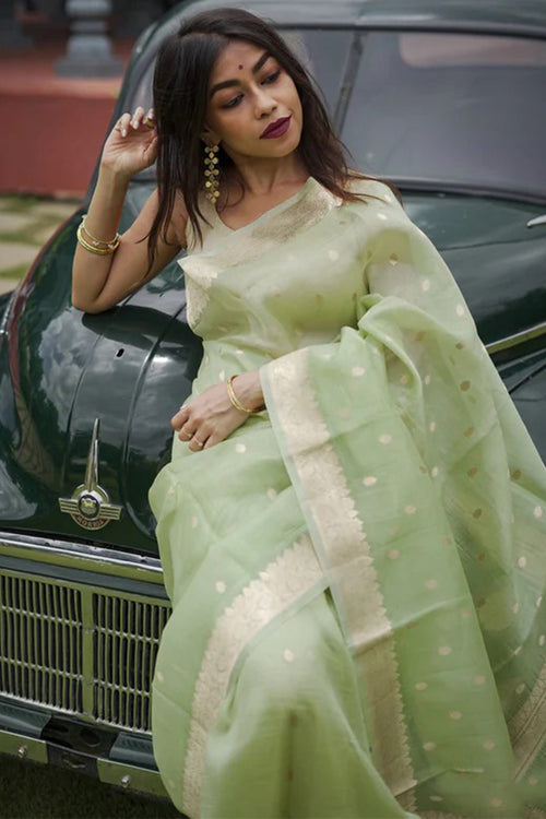 Load image into Gallery viewer, Delightful Pista Linen Silk Saree With Fairytale Blouse Piece
