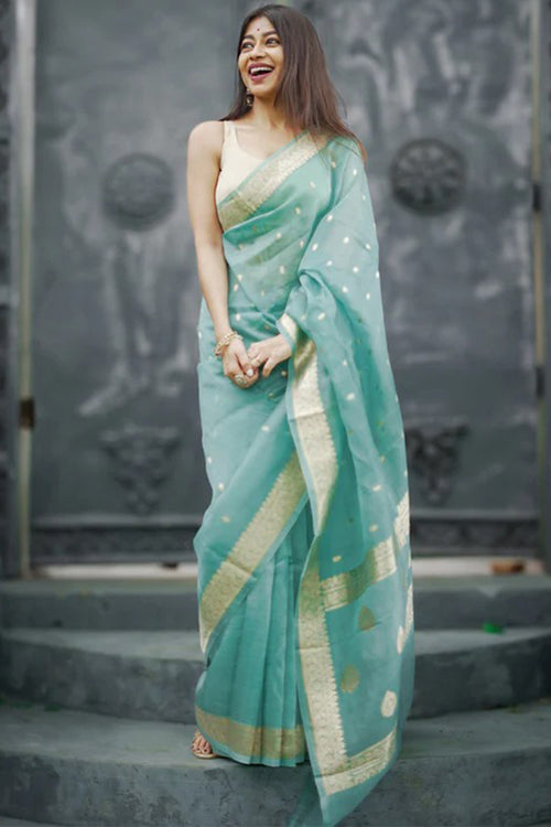 Load image into Gallery viewer, Excellent Turquoise Linen Silk Saree With Demure Blouse Piece
