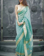 Excellent Turquoise Linen Silk Saree With Demure Blouse Piece