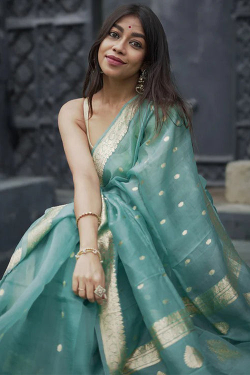 Load image into Gallery viewer, Excellent Turquoise Linen Silk Saree With Demure Blouse Piece
