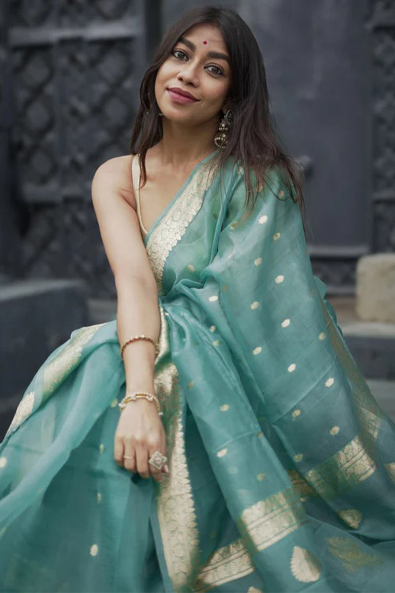 Excellent Turquoise Linen Silk Saree With Demure Blouse Piece