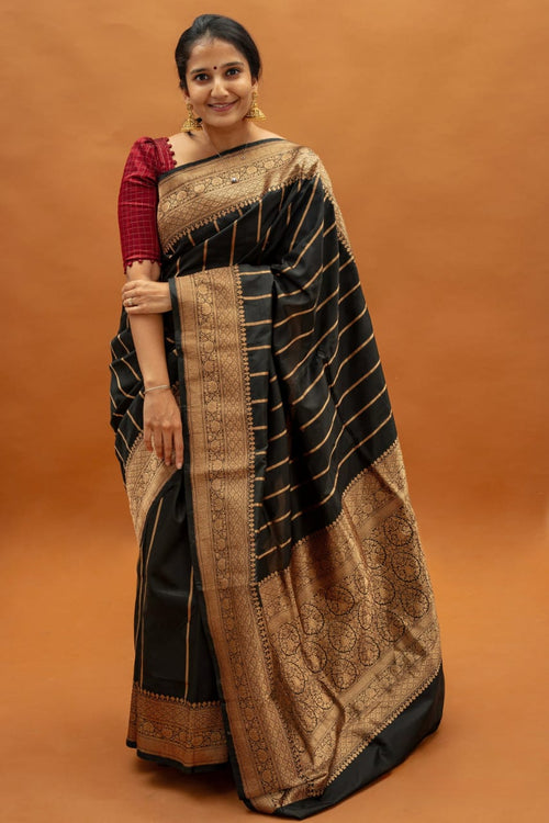 Load image into Gallery viewer, Traditional Black Soft Silk Saree With Petrichor Blouse Piece
