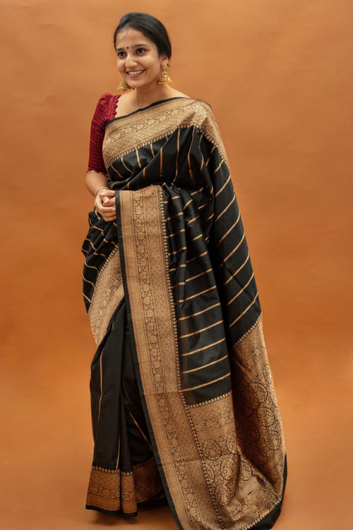 Load image into Gallery viewer, Traditional Black Soft Silk Saree With Petrichor Blouse Piece
