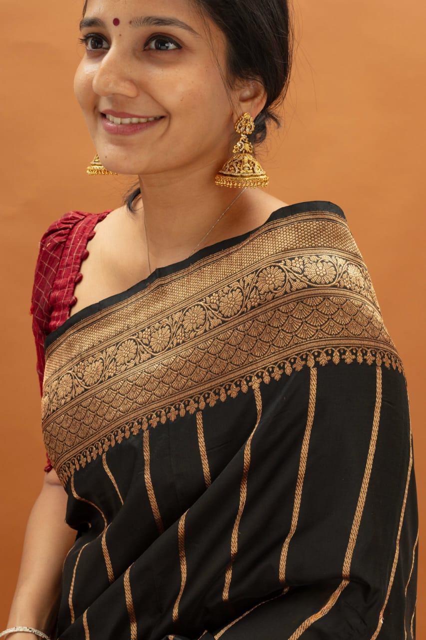 Traditional Black Soft Silk Saree With Petrichor Blouse Piece