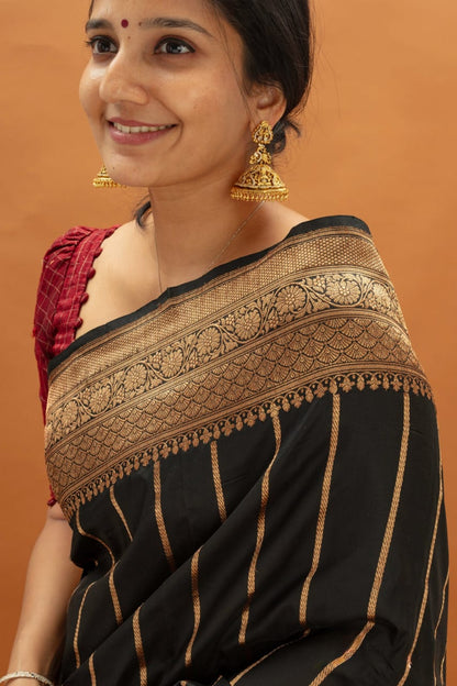 Traditional Black Soft Silk Saree With Petrichor Blouse Piece