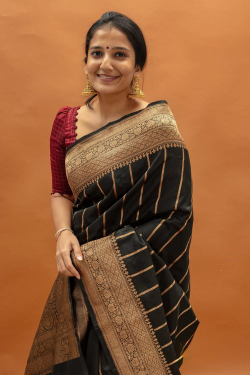 Load image into Gallery viewer, Traditional Black Soft Silk Saree With Petrichor Blouse Piece
